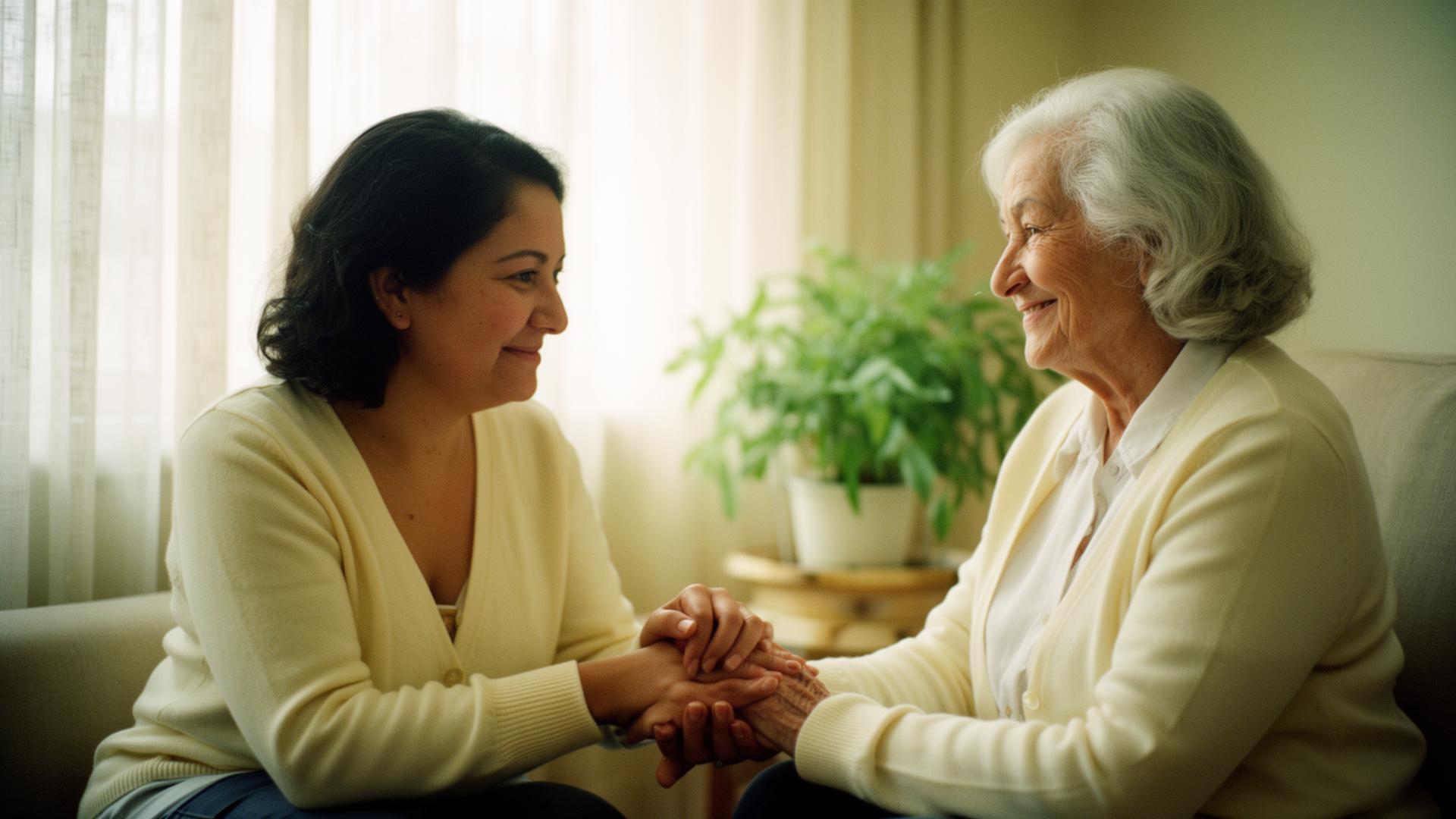 A caregiver holding hands with a senior woman in a sunlit living room