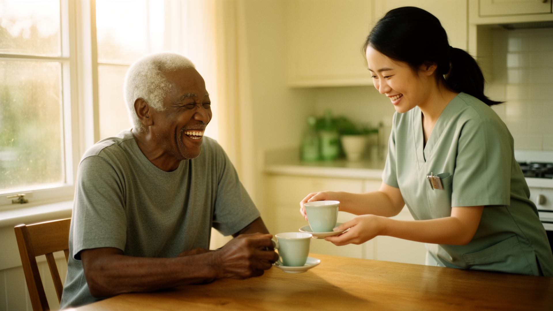 An elderly gentleman laughing while a caregiver serves him tea at home